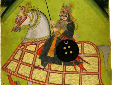 Rajput warrior on horseback, with caption in Kayathi and Nagari.